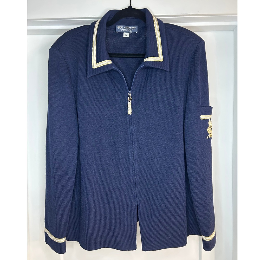 St John Collection Marie Gray Luxury Vintage Navy Blue Santana Knit Jacket 16
